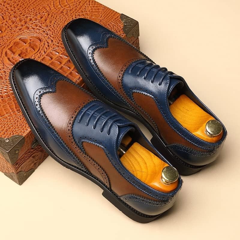 DADIJIER Men Oxford Shoes Lace Up Wingtips Square Toe Blue Brown Two Tones Patch Work Formal Dress Shoes Oxford Shoes for Men